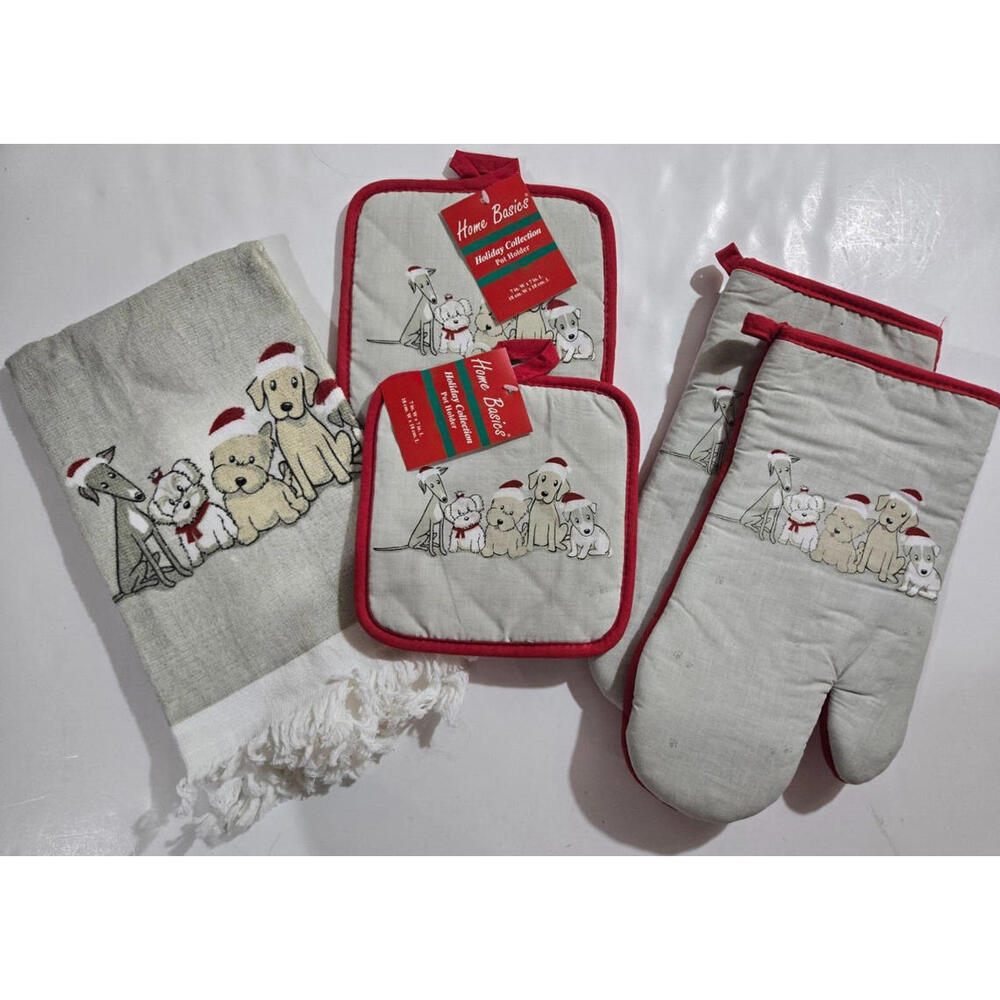Home Basics Set of 5  2 Pot Holders, 2 Oven Mitts and 1 Hand Towel Santa Dog NWT